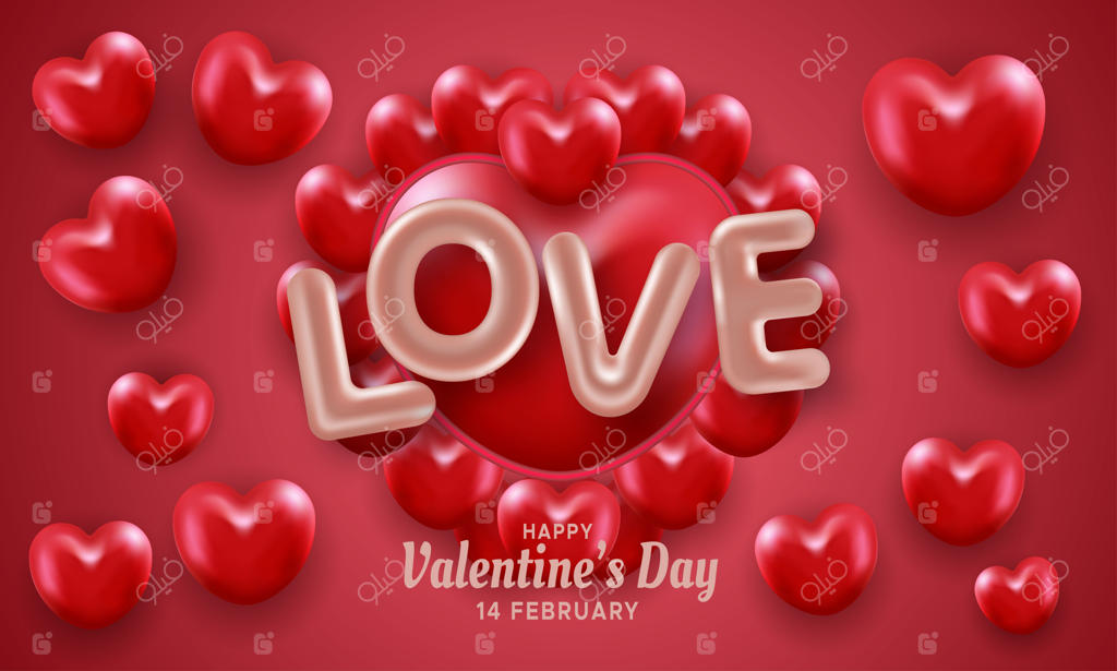 قاب دایره‌ای روز ولنتاین با بادکنک‌های قلبی بر روی زمینه قرمز