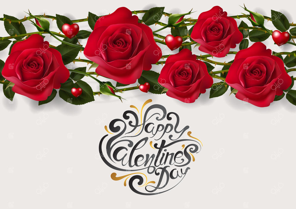 قالب کارت تبریک روز ولنتاین با طرح‌های واقعی از رزهای زیبا و قلب بر روی پس‌زمینه رنگارنگ.