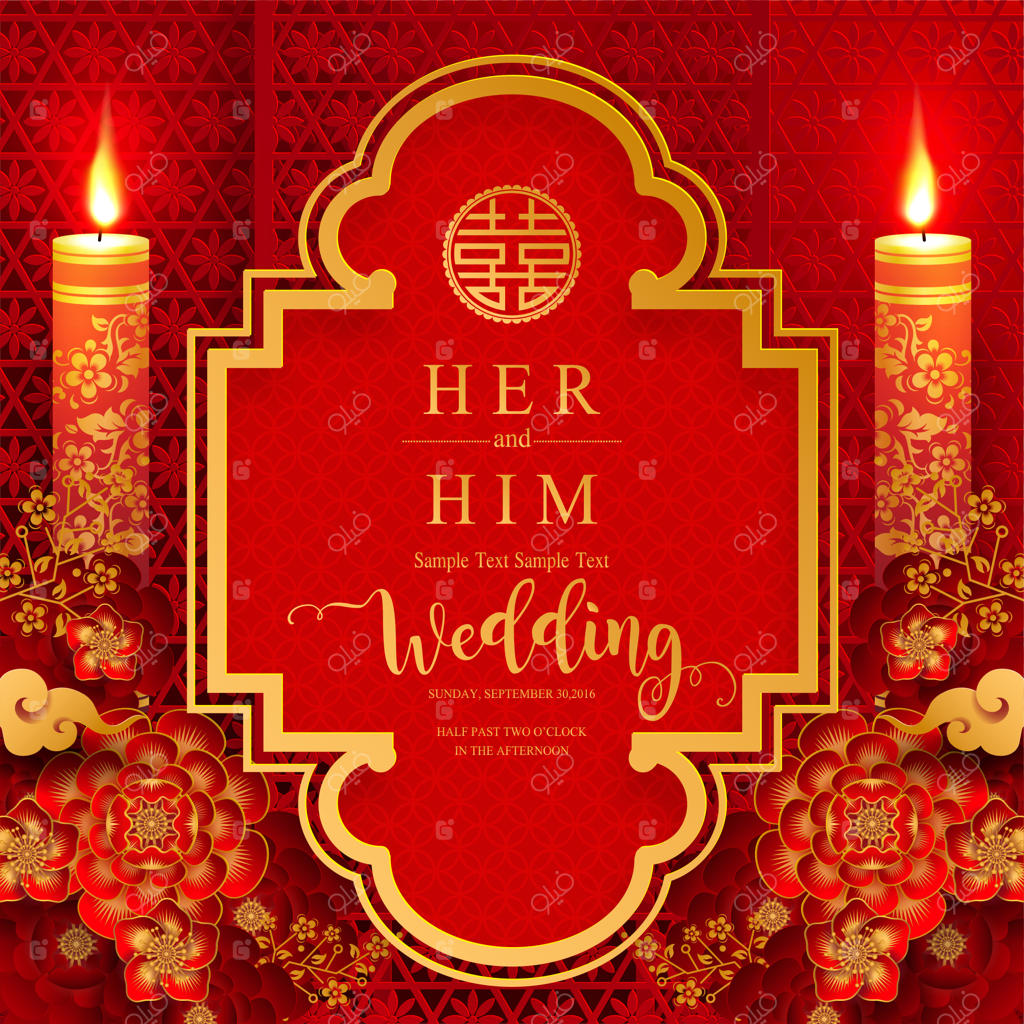 دعوتنامه و کارت منوی عروسی چینی با الگوهای زیبا و زمینه‌ای رنگارنگ.