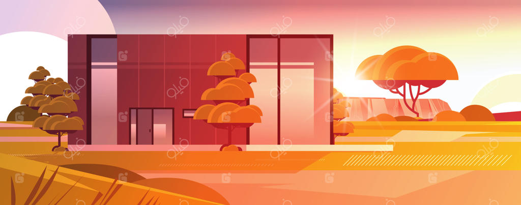 خانه مدرن از پانل‌های ساندویچی با پنجره‌های پانورامای بزرگ - مفهوم خانه‌سازی مدولار و دوستدار محیط زیست. منظره غروب خورشید، وکتور افقی.