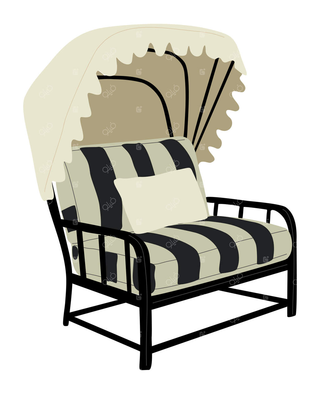 صندلی راه‌راه سیاه و سفید با سایبان سفید. مبلمان فضای باز برای تراس، باغ یا حیاط. جزئی از طراحی داخلی و منظره‌سازی