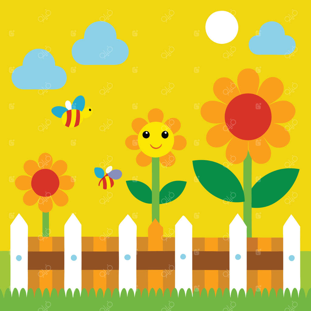 تصویر کودکانه: گل‌های آفتابگردان خوشحال، زنبورها، نرده، باغ، ابرها، زرد، بهار، کارتون