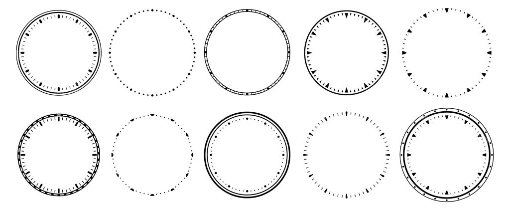 صفحه‌ ساعت‌ها: مجموعه وکتور قاب ساعت‌های قدیمی، زمان‌سنج ثانیه و مقیاس دایره‌ای ۱۲ ساعته