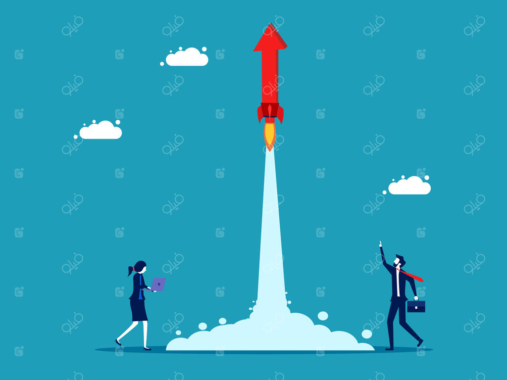 کارآفرینان روی راکتی با پیکان قرمز ایستاده‌اند