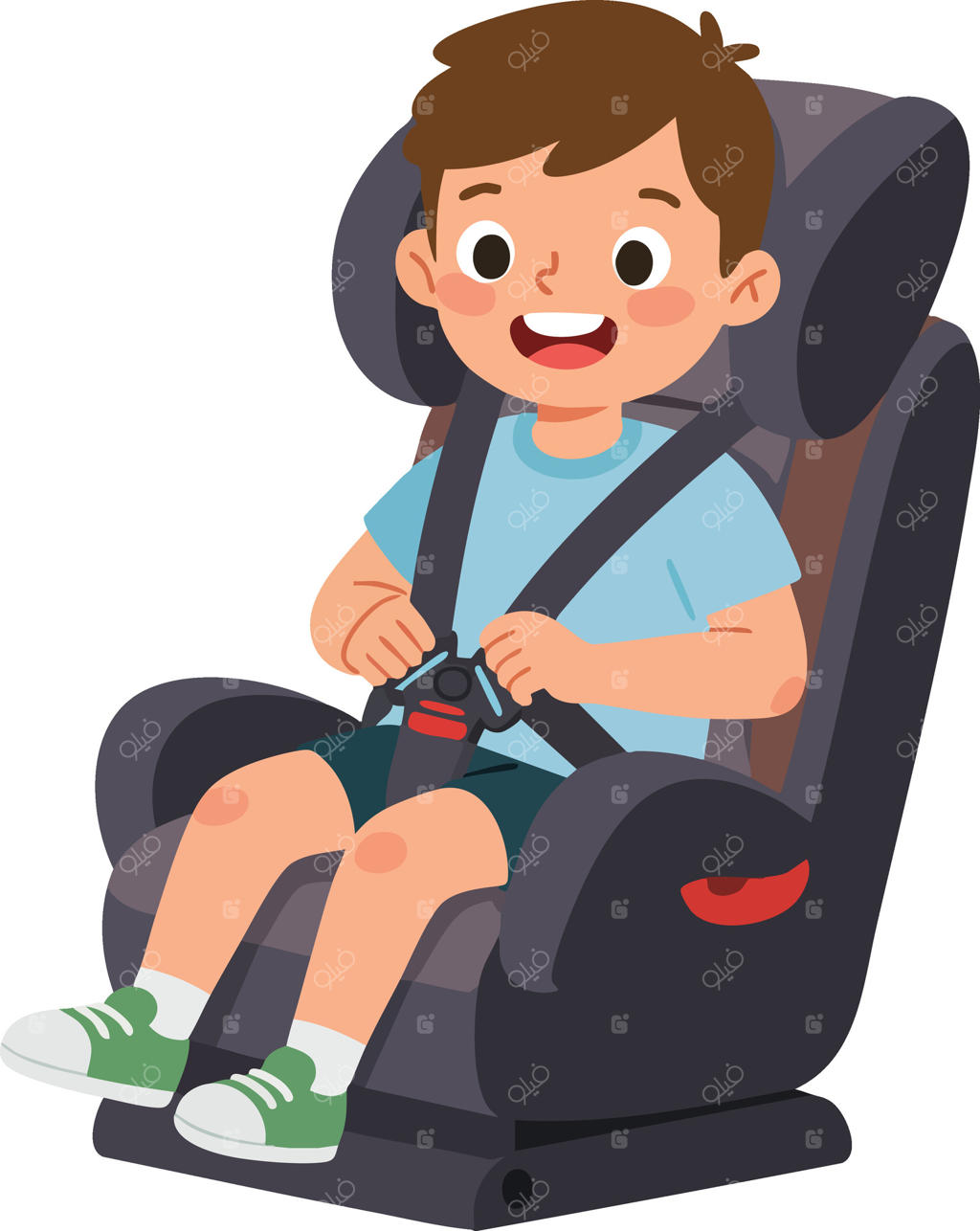 تصویری از نشستن کودک در صندلی خودرو با کمربند ایمنی برای امنیت و محافظت در سفر با ماشین
