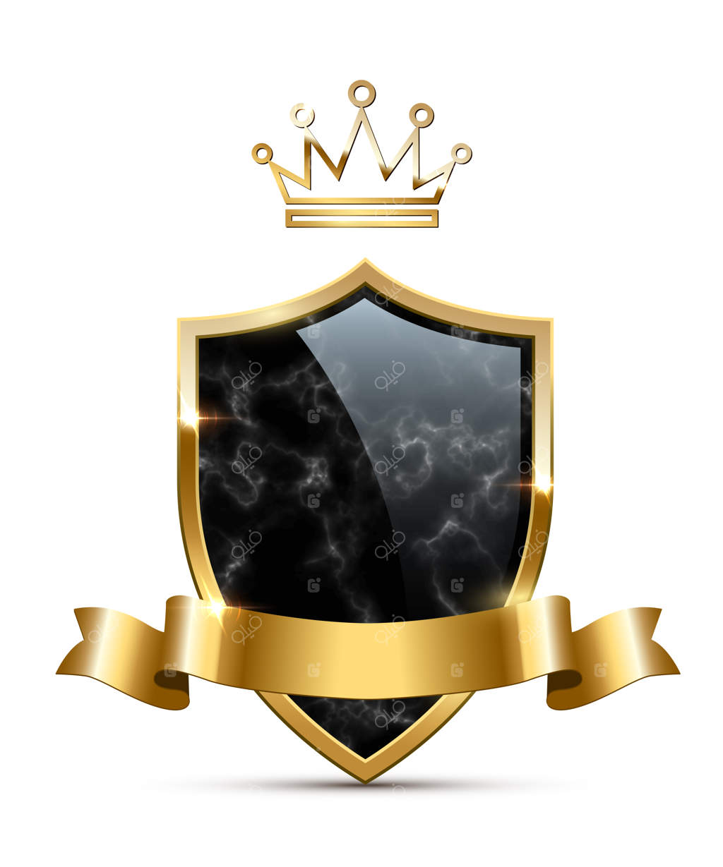 سپر تیله‌ای با تاج طلایی و روبان - نشان‌های طلایی هردلدیک، عناصر لوکس قدیمی با زرق و برق روی پس‌زمینه سفید