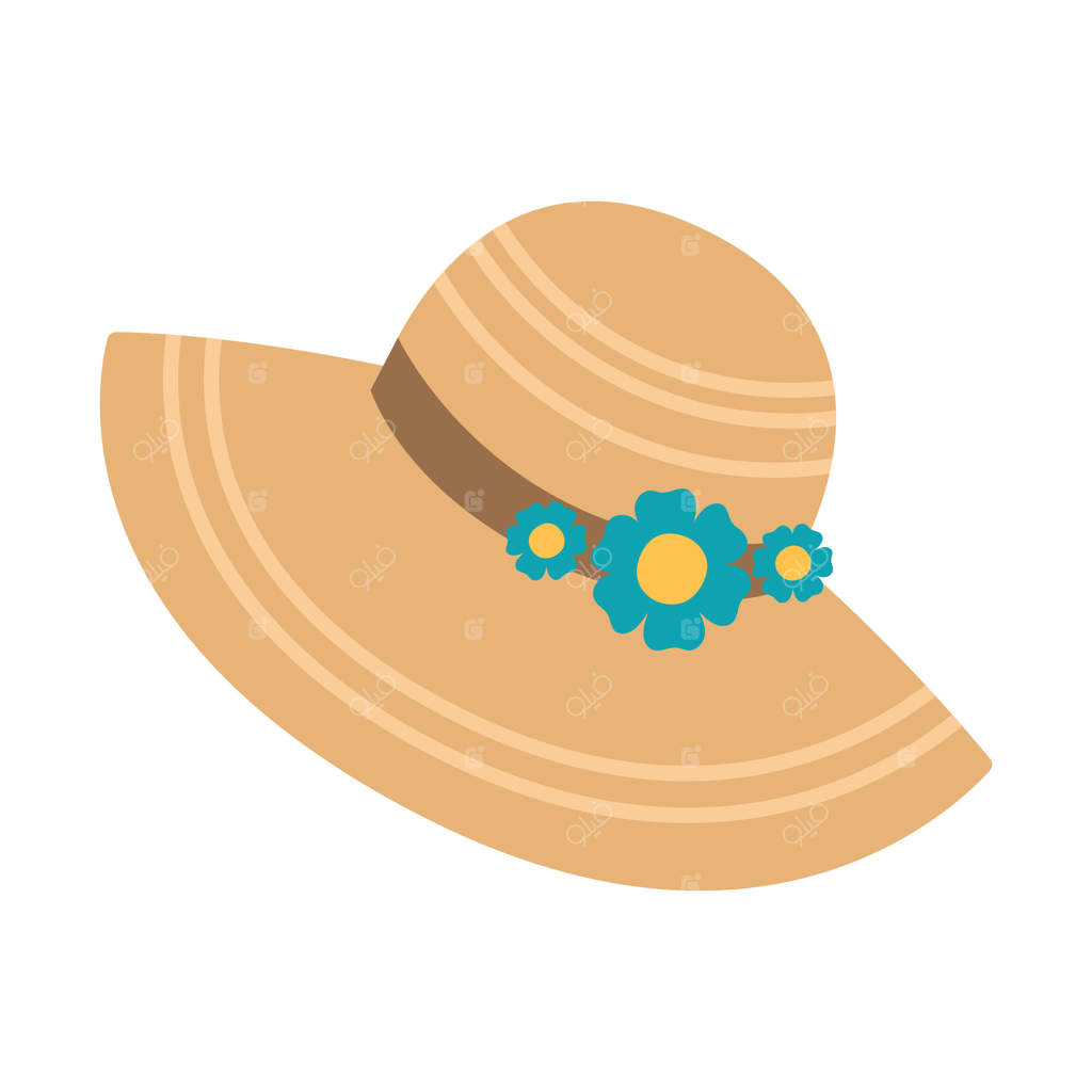 کلاه زنانه با لبه پهن، روبان و گل‌ها. پوشش شیک تابستانی برای تعطیلات و سفر. ابزار مناسب برای ساحل یا باغ. تصویرسازی ساده روی زمینه سفید