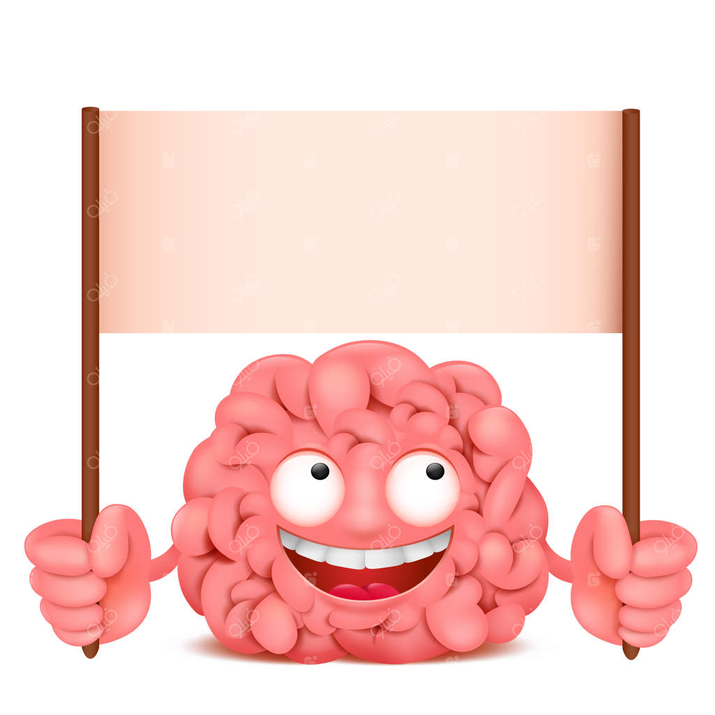 شخصیت کارتونی مغز بامزه با بنر کاغذی در دست.
