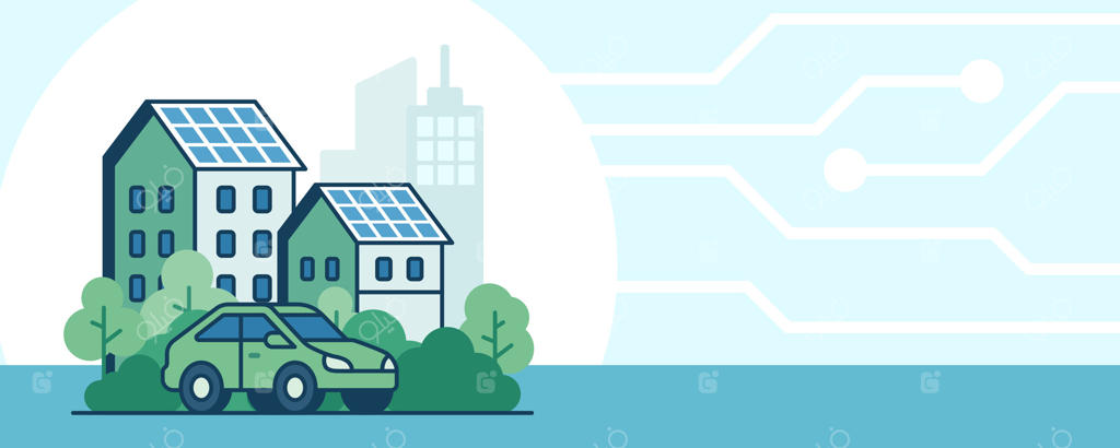 تصویرسازی طراحی تخت خانه‌های شهری با پنل‌های خورشیدی و خودروی برقی