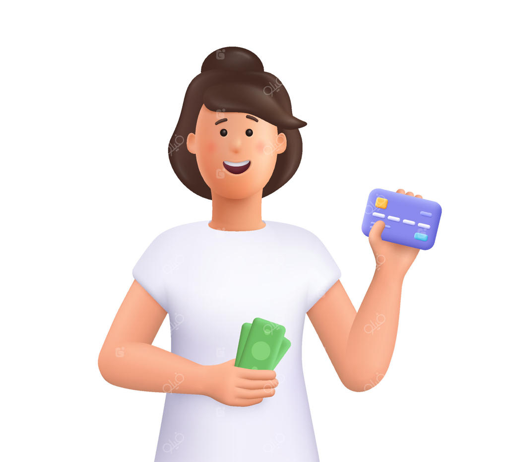 زن جوان با لبخند در حالی که کارت اعتباری و اسکناس در دست دارد. مفهوم پرداخت، بانکداری و خرید. شخصیت سه‌بعدی کارتونی در سبک مینیمال.
