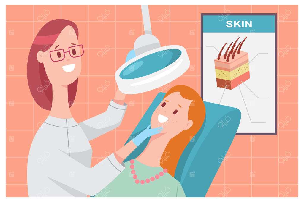 زنان در مشاوره با متخصص پوست: شخصیت کارتونی پزشک زیبایی و بیمار در کلینیک.