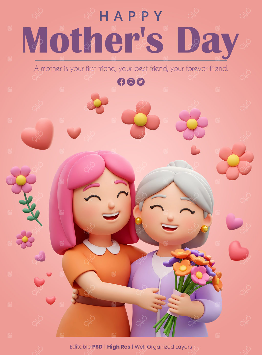 قالب پوستر تبریک روز مادر با کاراکتر کارتونی سه‌بعدی زن جوان با موهای صورتی در حال در آغوش گرفتن مادر با دسته گل