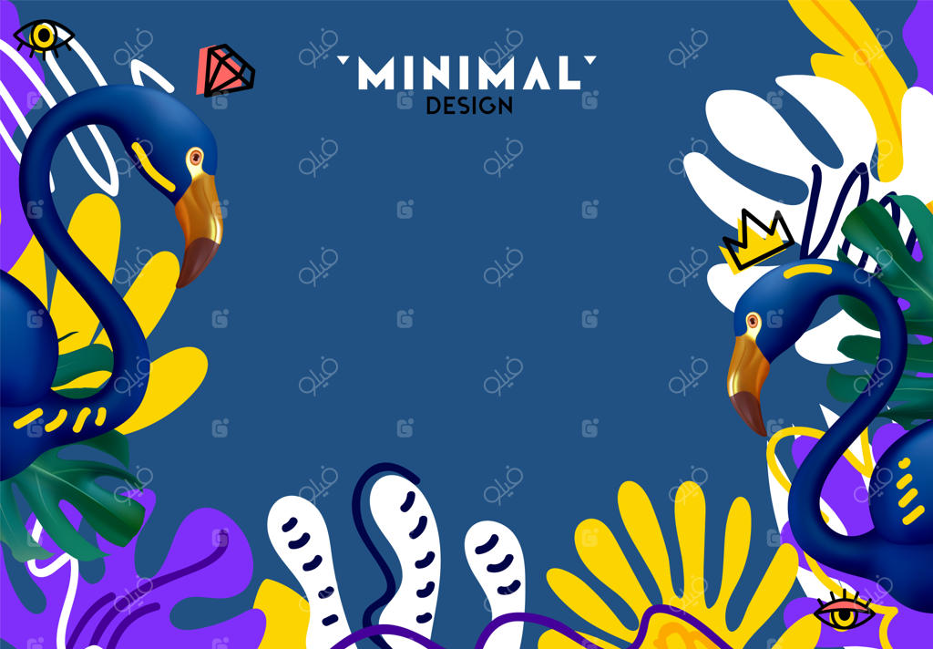 پس‌زمینه تابستانی با فلامینگوی سه‌بعدی آبی تیره، برگ‌های نخل سرسبز در سبک ساده طراحی. پوستر یا بنر مینیمال تابستان. جایگاه برای متن. تصویر وکتور