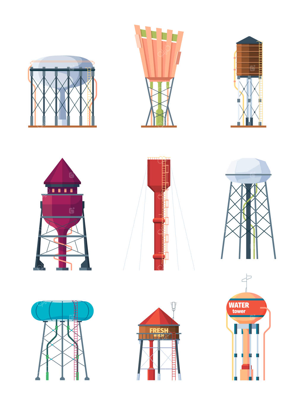مجموعه‌ای از تصاویر برداری برج‌های آب: مخازن صنعتی برای ذخیره‌سازی ایمن آب