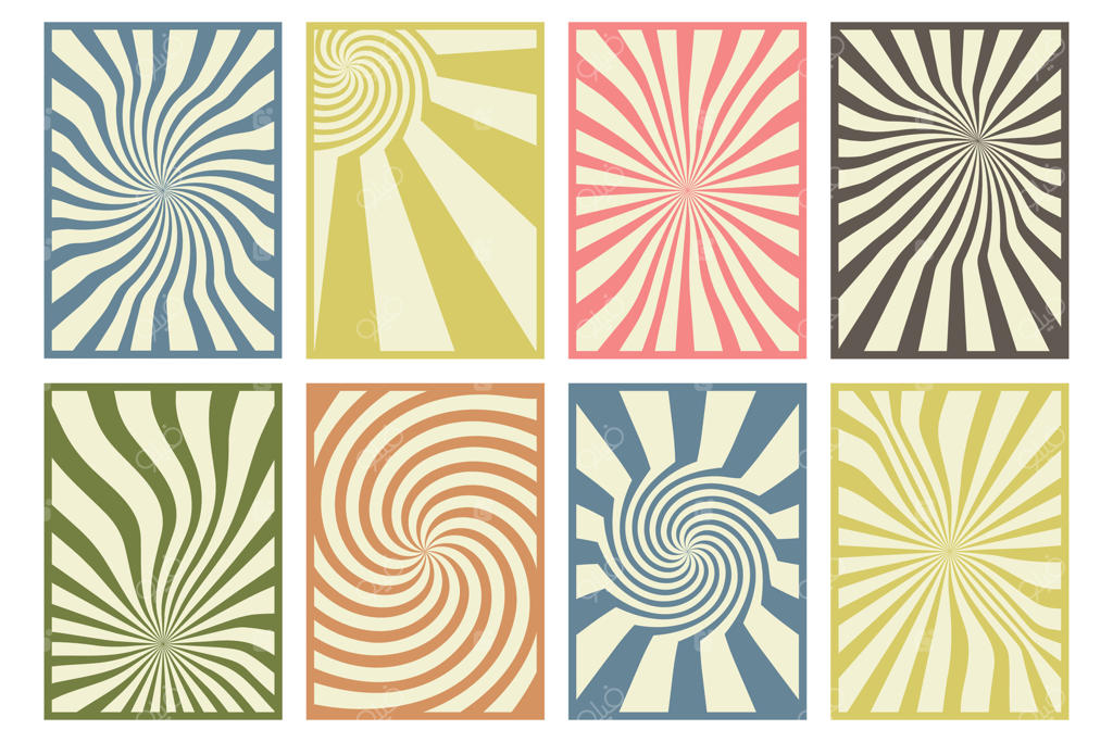 مجموعه پس‌زمینه‌های رترو: پترن رنگی موج‌دار. کارت‌های جذاب دست‌ساز به سبک دهه‌های ۶۰، ۷۰ و ۸۰. طراحی هیپی با خطوط موج‌دار و تاب‌خورده. تصویرسازی.