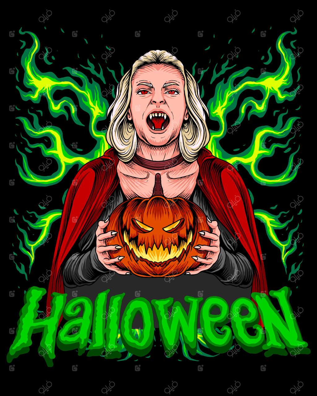 زن دراکولا با کدو حلوایی هالووین