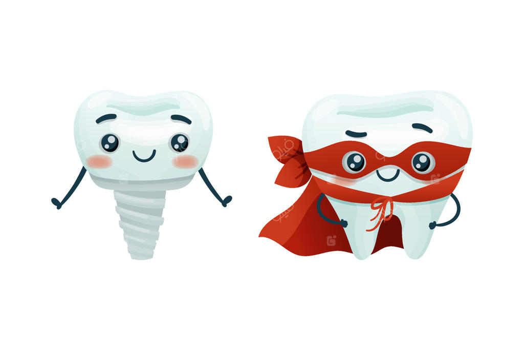 مراقبت از دندان با شخصیت دندان بامزه و خنده‌دار به‌عنوان ایمپلنت و پوشیدن شنل ابرقهرمانی قرمز