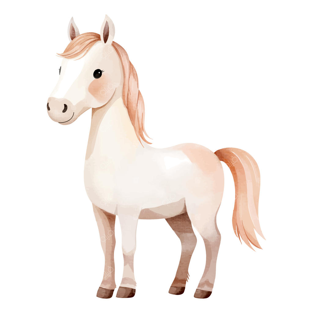 اسب سفید زیبا به سبک آبرنگ. حیوانات دست‌کشیده مزرعه. اسب آبرنگی