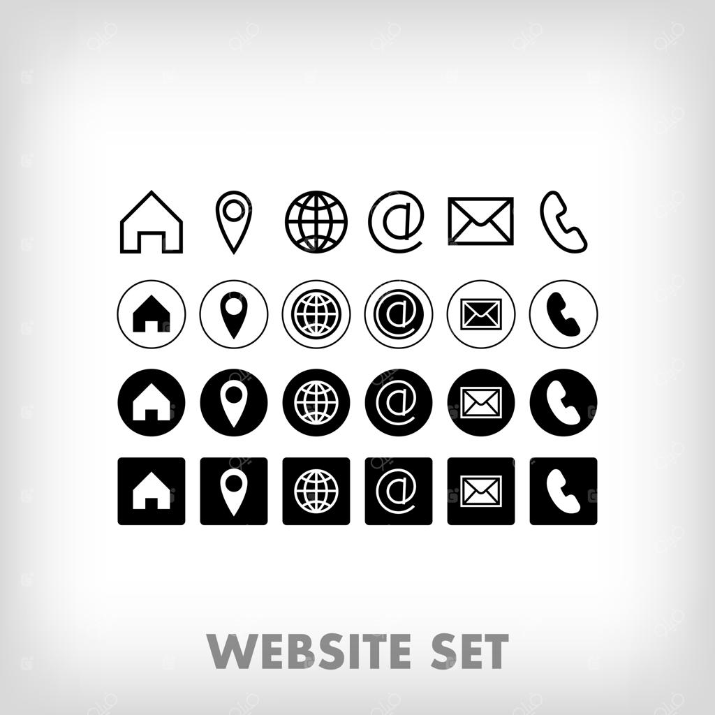 مجموعه آیکون‌های خلاقانه وکتور وب‌سایت شامل نمادهای موقعیت مکانی، خانه، تلفن و ایمیل