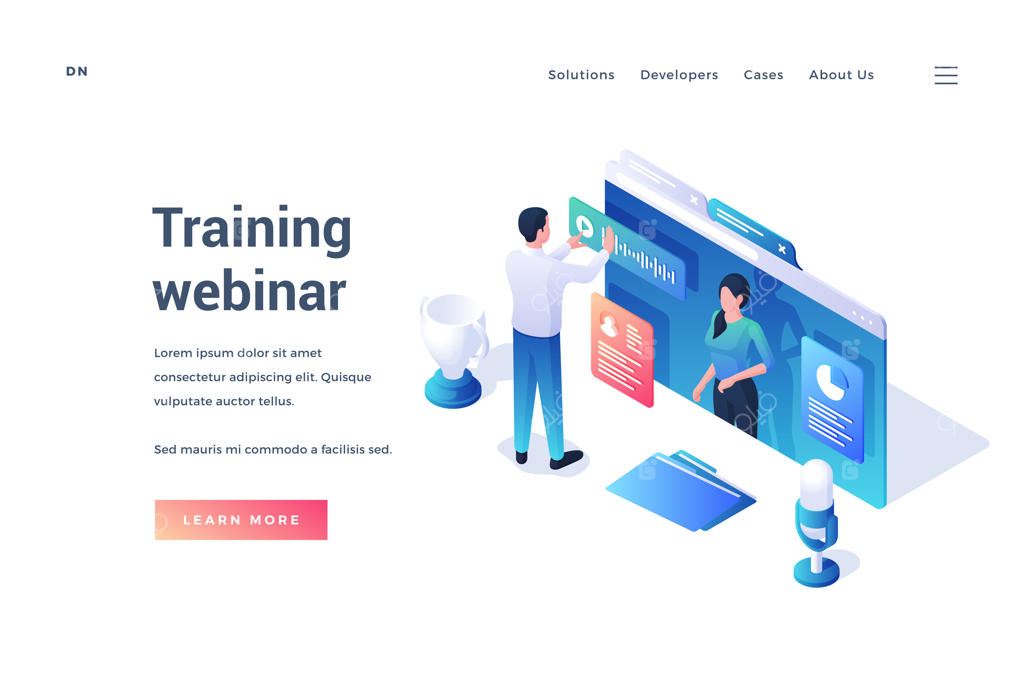 قالب بنر با حضور زن بازرگان در حال برگزاری وبینار آموزشی آنلاین