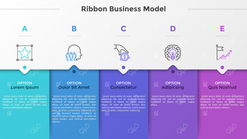 پنج عنصر رنگارنگ مستطیلی، پیکتوگرام‌های خطی نازک، نشانگرها و جعبه‌های متنی: مفهوم مدل کسب و کار پیکان با ۵ مرحله پی‌درپی. طراحی مدرن اینفوگرافیک. تصویر برداری.