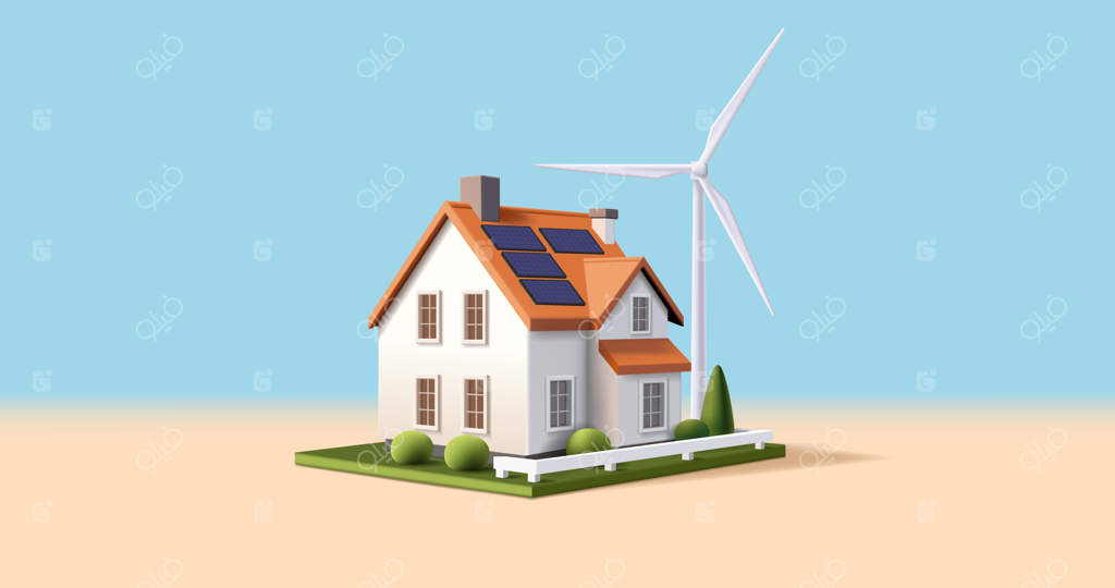 تصویر سه‌بعدی از خانه‌ی مدرن و سازگار با محیط زیست با استفاده از انرژی‌های تجدیدپذیر مانند توربین بادی و پنل‌های خورشیدی