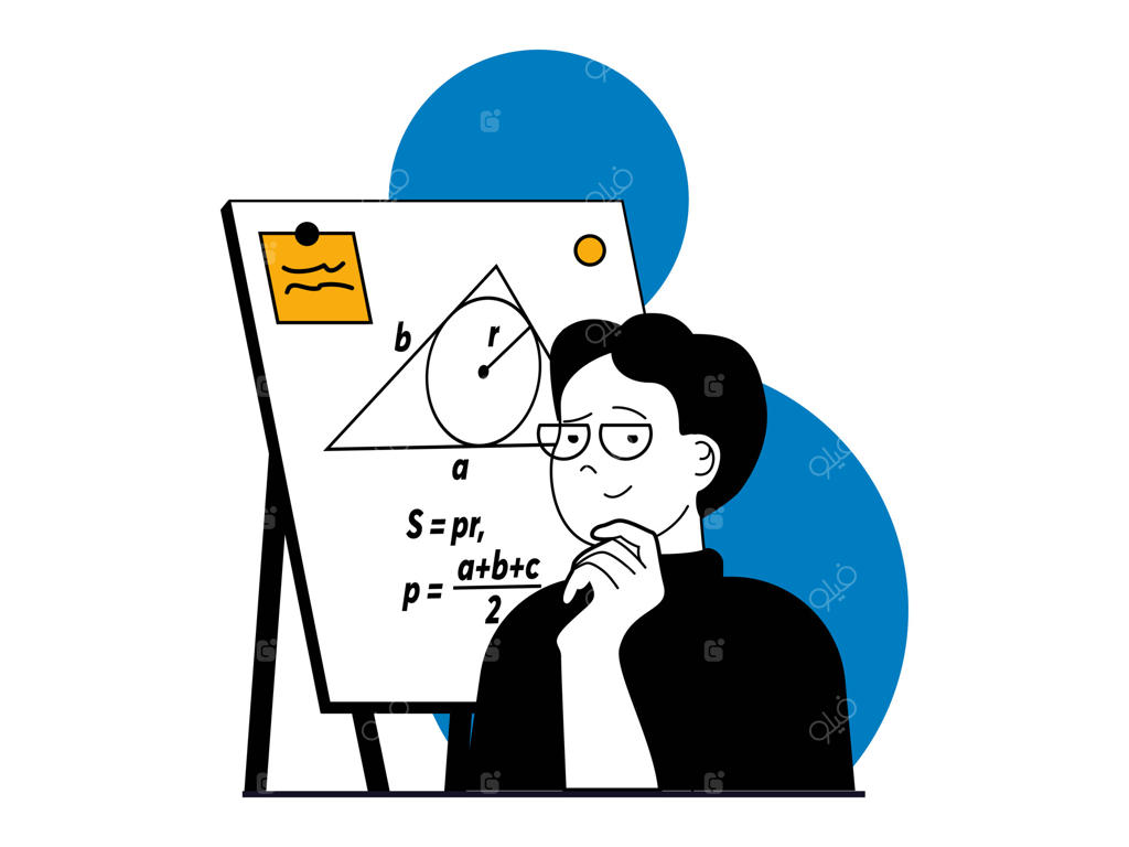 مفهوم آموزش با شخصیت‌پردازی: دانش‌آموز مسائل ریاضی را حل می‌کند و فرمول‌ها را روی تخته‌سیاه می‌نویسد، پاسخ‌ها را در کلاس می‌دهد. تصاویری از افراد در طراحی تخت برای وب.