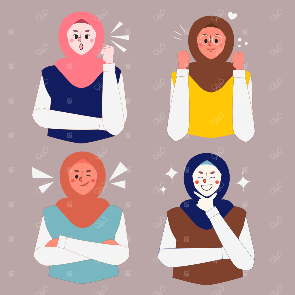 مجموعه استیکر و ایموجی زن باحجاب با حالات چهره متنوع