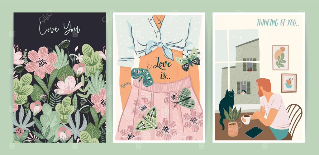 مجموعه‌ای از طرح‌های رمانتیک از مرد و زن - داستان عاشقانه و طراحی برداری برای روز ولنتاین و موارد دیگر