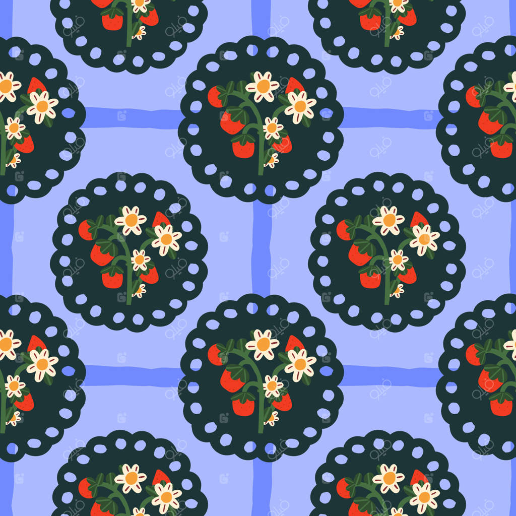 طرح گل‌دار پیوسته با گل‌های دستی بامزه، شکوفه‌های باغ بر روی زمینه آبی. زیبایی‌شناسی کاتج‌کور.