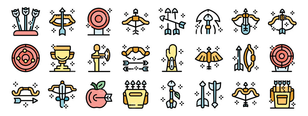 آیکون‌های تیراندازی با کمان: شامل کمان، تیر، هدف و ترکش برای ورزش و شکار