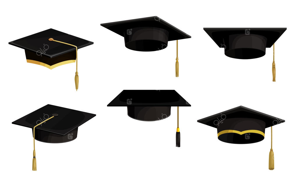 آیکون‌های کلاه فارغ‌التحصیلی، کلاه‌های سیاه کارتونی دانشگاه با منگوله و نوار طلایی