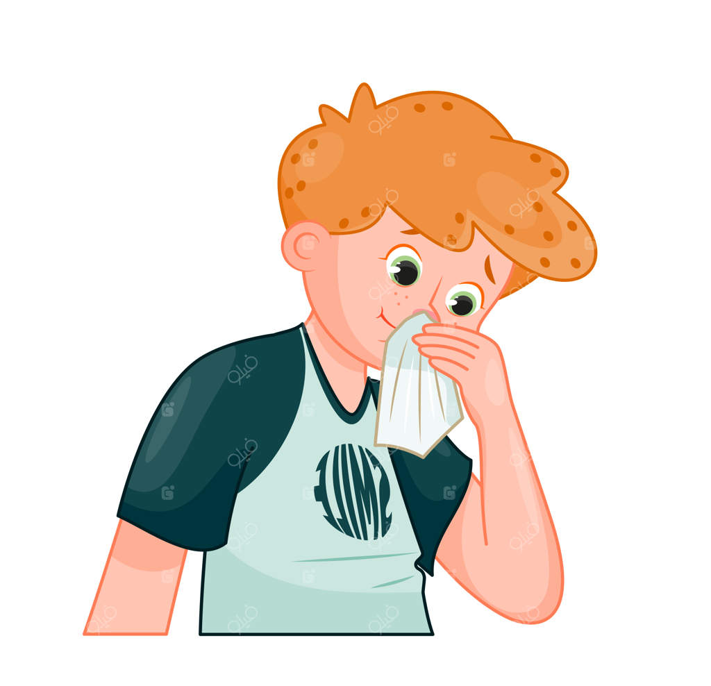 مفهوم پسر بیمار: کودک یا نوجوان با دستمال کاغذی - جوانی با سرماخوردگی یا آنفولانزا - اینفوگرافیک و پوستر پزشکی - قالب و طرح‌بندی - تصویرسازی کارتونی به صورت وکتور مسطح در پس‌زمینه سفید