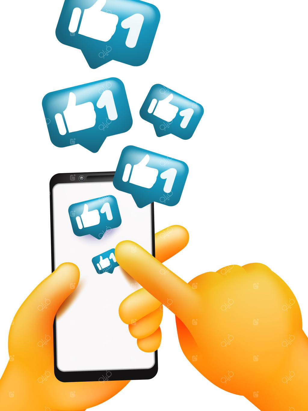 دست کارتونی زرد در حال لمس صفحه گوشی هوشمند با انگشت