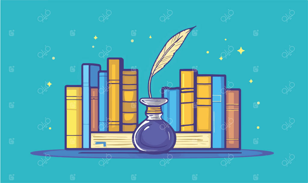 آیکون وکتور قلم جذاب و دوات با کتاب‌ها