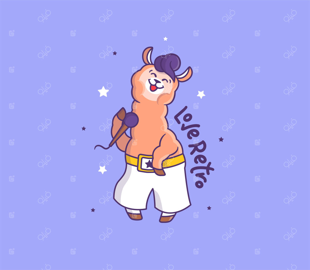 لامای خنده‌دار عاشق موسیقی قدیمی است. آلپاکای کارتونی آوازخوان با میکروفون.