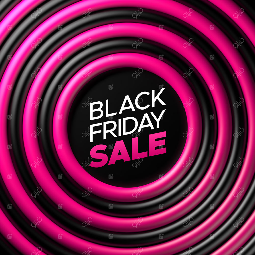 تخفیف جمعه سیاه روی بنر حلقه‌های صورتی و مشکی براق