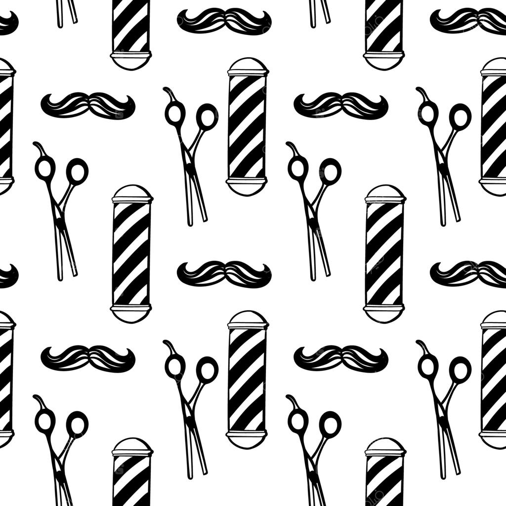 پترن بی‌وقفه آرایشگاه: طرحی تکرارشونده سیاه روی سفید. طرح چاپی مناسب برای آرایشگاه مردانه با مجموعه‌ای از لوازم جانبی آرایشگری روی زمینه سفید.