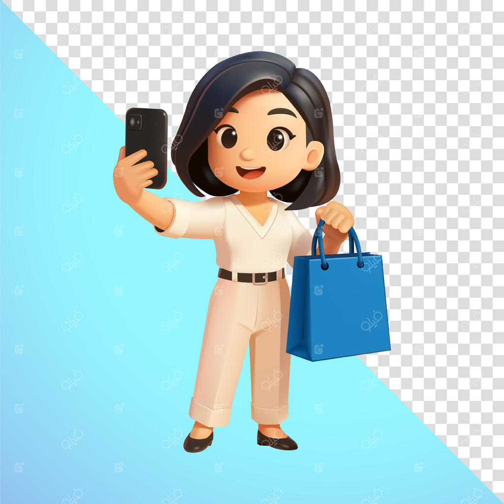 زن در حال گرفتن سلفی با کیف خرید، سه‌بعدی، مناسب برای شبکه‌های اجتماعی و کسب‌وکار