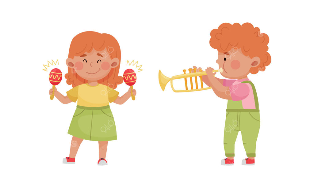 مجموعه تصویرسازی کودکان در حال نواختن ساز؛ طرح کارتونی دختر و پسر نوازنده ماراکاس و ترومپت