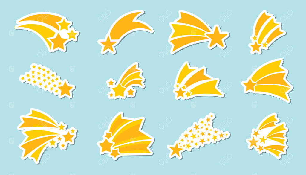 مجموعه‌ای از برچسب‌های ستاره‌های دنباله‌دار در سبک کارتونی تخت. عناصر درخشان و کیهانی با دنباله‌های نورانی و جزئیات خیالی، مناسب برای برنامه‌ریزی، اسکرپ‌بوک، طراحی دیجیتال یا پروژه‌های تزئینی.