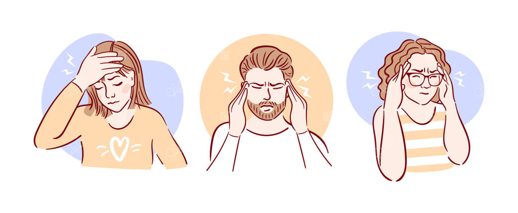 تصویرسازی دستی افراد مبتلا به سردرد، میگرن و استرس؛ مناسب برای قالب بروشور پزشکی با سبک طراحی اسکچ
