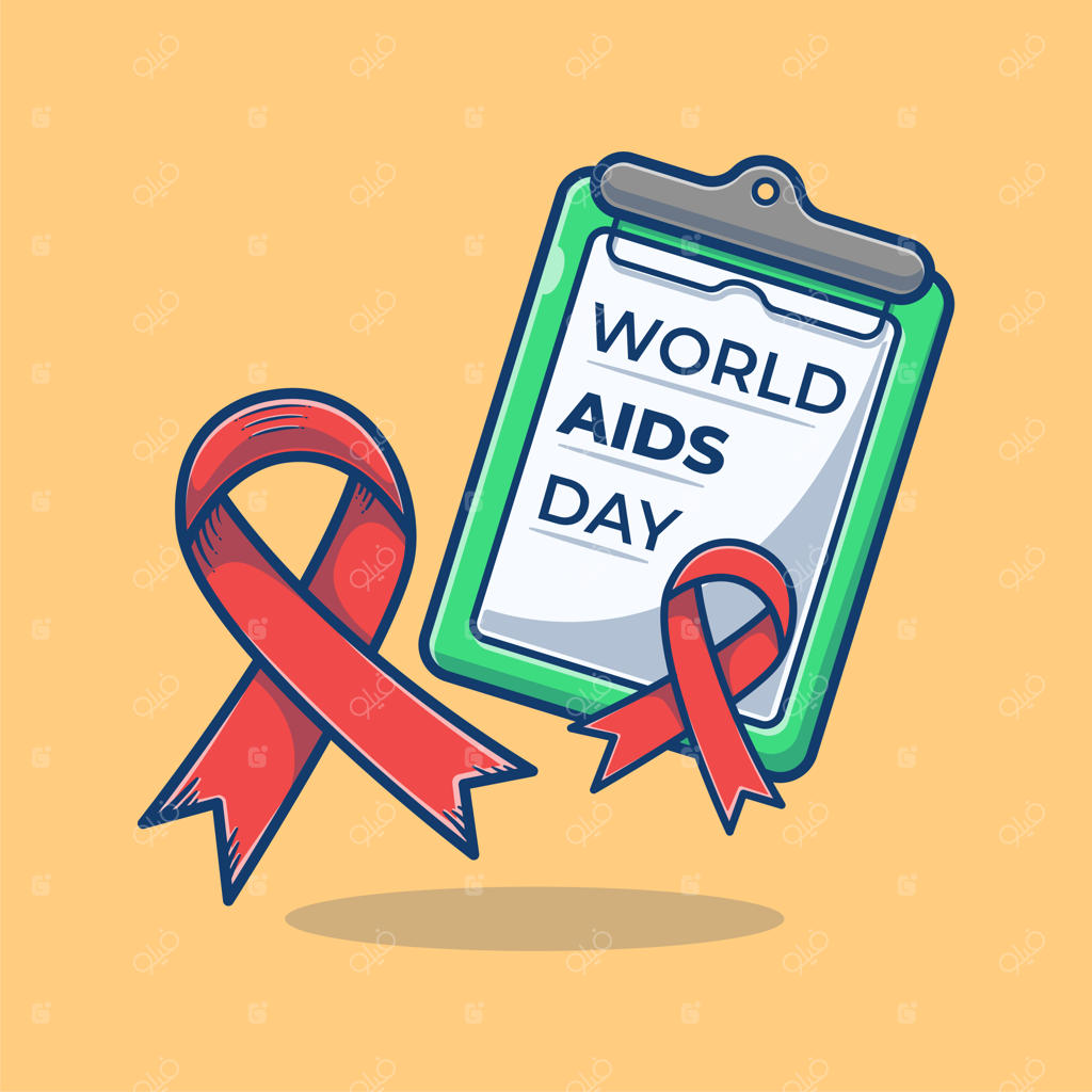 تصویر کارتونی روز جهانی ایدز روی تخته کلیپ‌برد