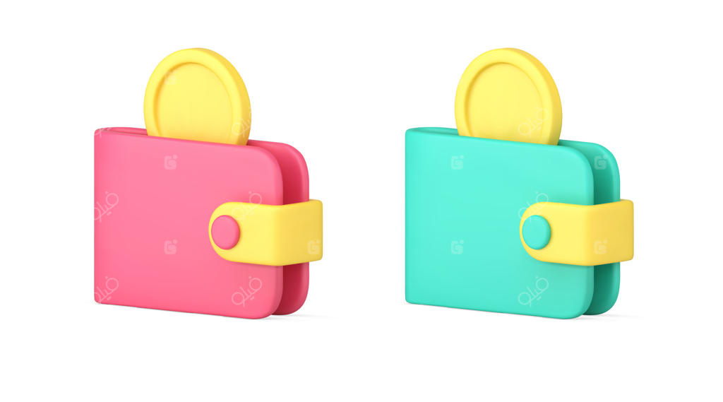 مجموعه آیکون‌ سه‌بعدی: کیف‌پول، سکه، پول نقد، تجارت، سپرده، قبض، پرداخت، درآمد، اقتصاد