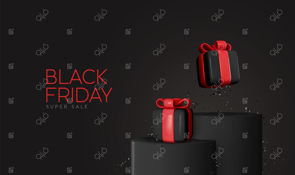 تخفیف‌های ویژه جمعه سیاه: سکوی گرد مشکی، استندهای استودیویی، جعبه‌های هدیه سه‌بعدی واقع‌گرایانه‌ی در حال سقوط. پس‌زمینه جشن، بنر با جعبه هدیه، پوستر وب تعطیلات. تصویرسازی وکتور
