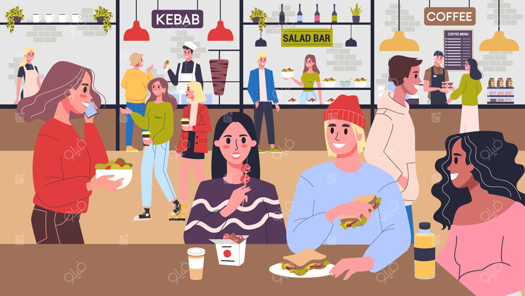 مردم در حال ناهار خوردن در فودکورت: شخصیت‌های زن و مرد در حال خوردن غذاهای متنوع و خوشمزه. انواع غذاها در یک مکان. فضای داخلی کافه‌تریای مرکز خرید. تصویرسازی.