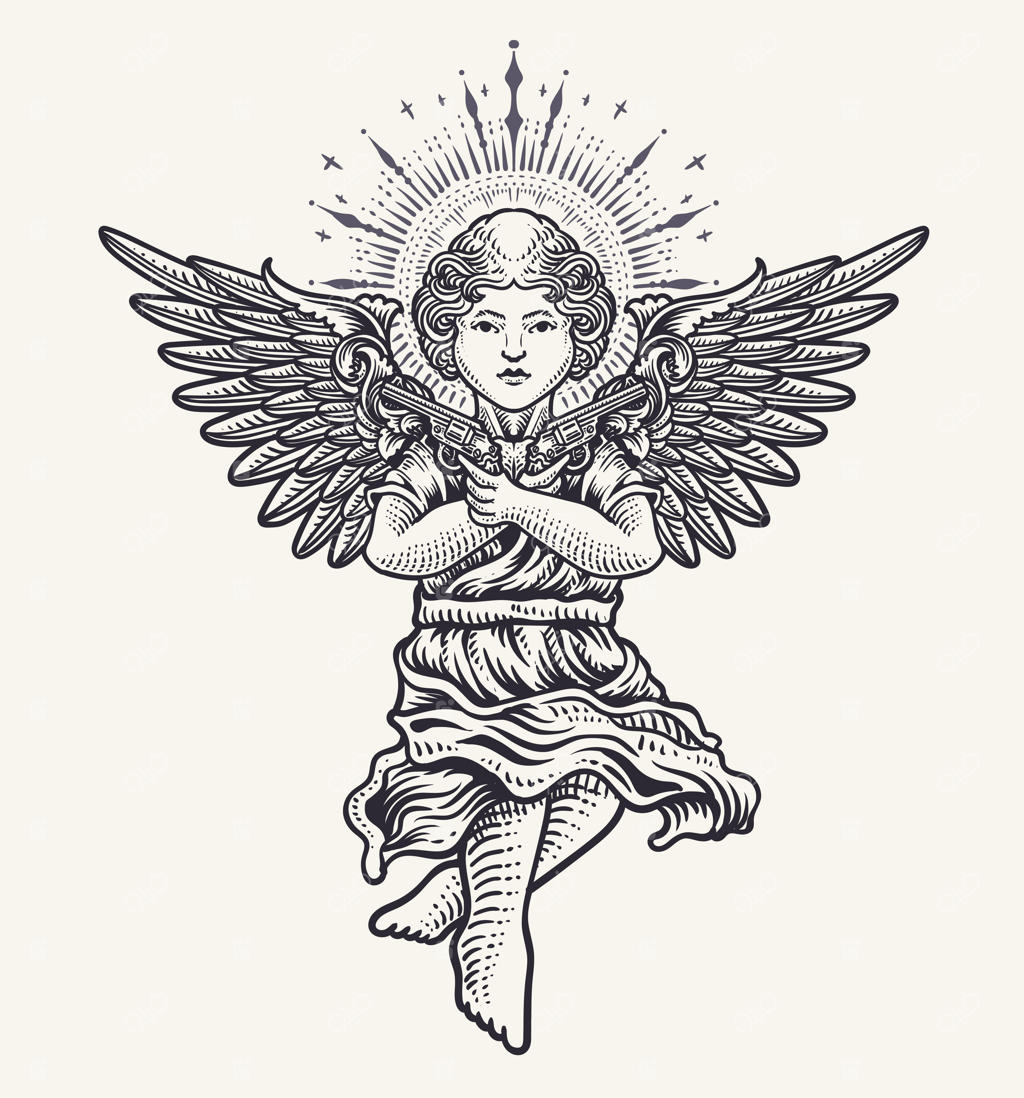 کوپید با هاله نور و دو کلت به سبک حکاکی قدیمی