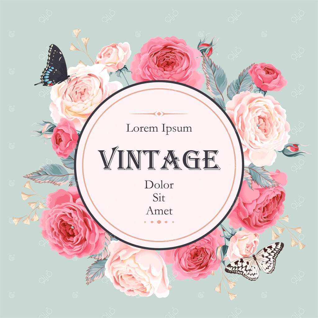 کارت وکتور کلاسیک با گل‌های رز و پروانه‌ها