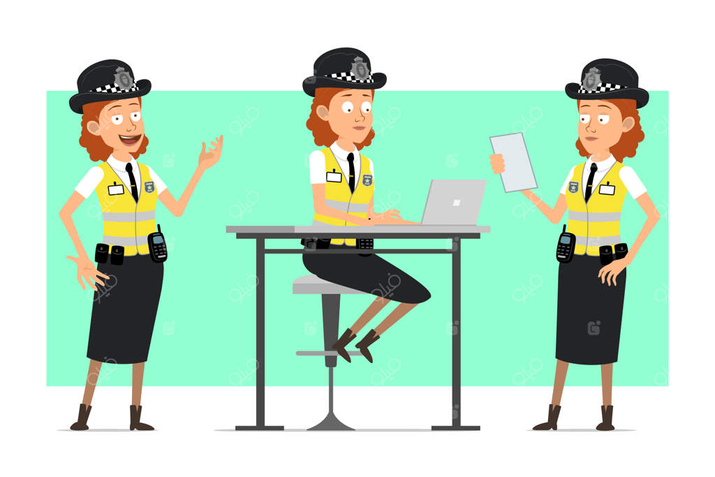 شخصیت کارتونی زن پلیس بریتانیایی با ژاکت زرد و نشان، در حال عکس گرفتن و کار با لپ‌تاپ.