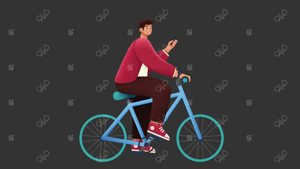 پسرک با گوشی موبایل در دست و دوچرخه‌سواری در باغ در تابستان